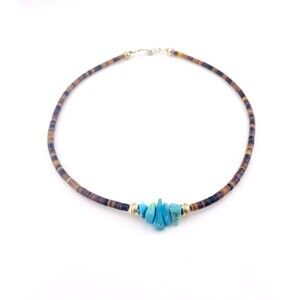 Vintage Turquoise Pebble Cluster Shell Heishi Choker Necklace 15" Silver Accents